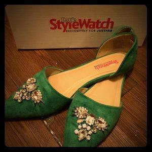 Suede Emerald Green Flats w/ Diamond Detail