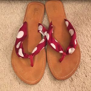 SHI red & white polka dot ribbon sandals. Size 10
