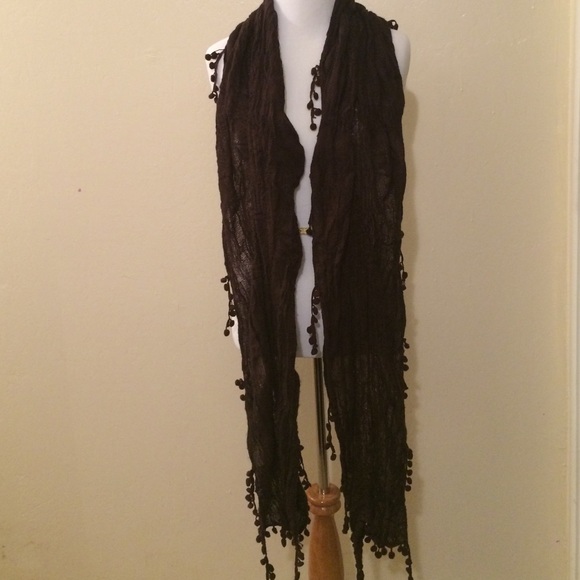 Brown Scarf with Dangly little Pom Pom Balls - Picture 2 of 3