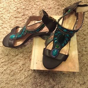 BCBG brown and turquoise wedge sandals