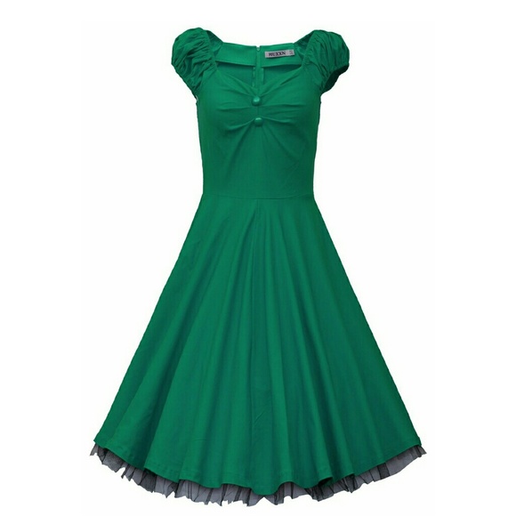 Emerald Green retro Rockabilly Hepburn dress sz 14