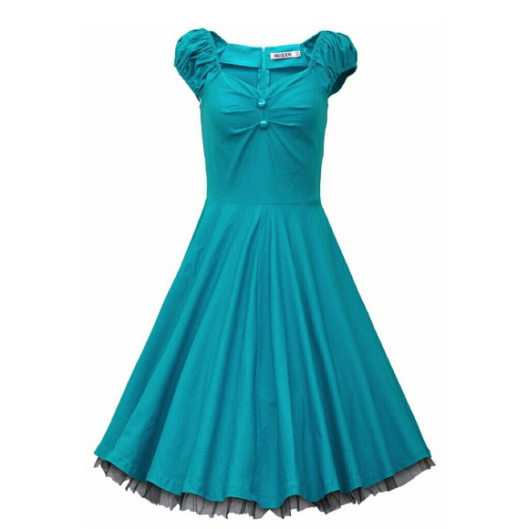 Turquoise Rockabilly Swing Retro party dress 6 (S)