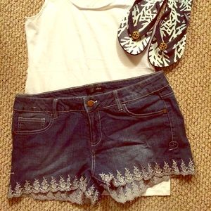 Denim shorts with lace detail