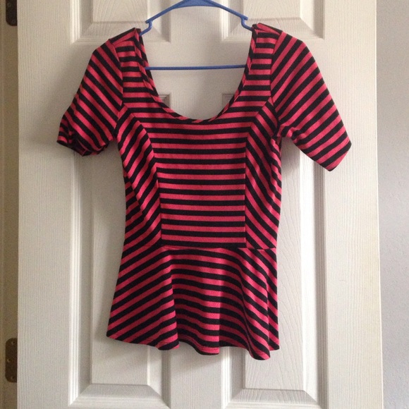 Pink & black striped peplum top