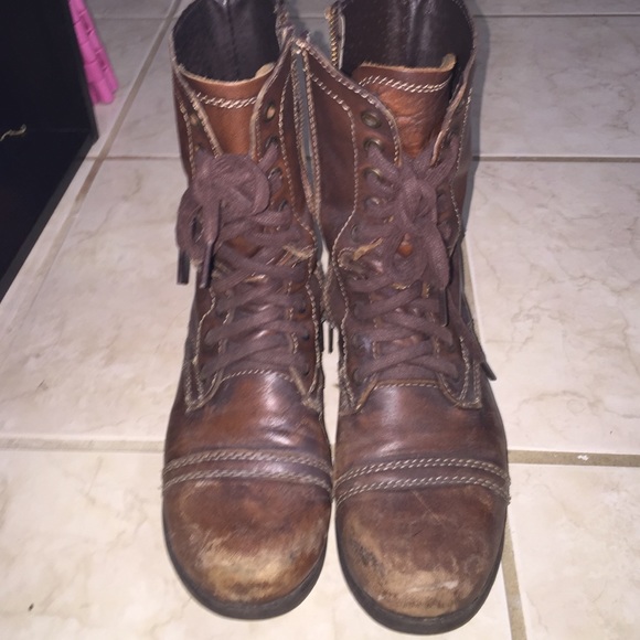 Brown leather combat boots