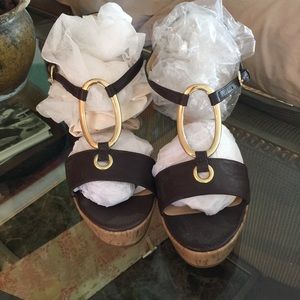 Women's brown and gold wedge shoes