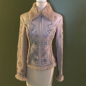 Beaded leather fur trimmed coat