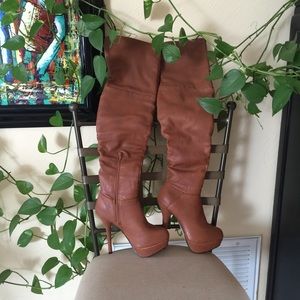 Women's brown leather high thigh boots
