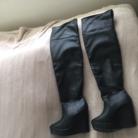 Women's black leather thigh high wedge boots