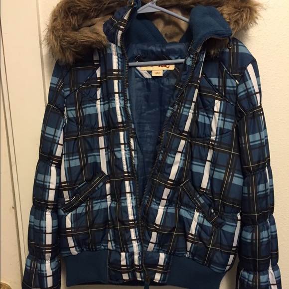 Plaid puffer jacket with fur hoodie