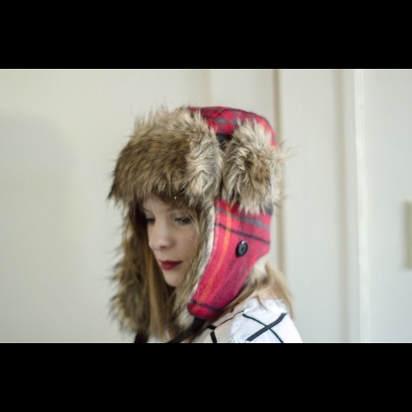 Cejon plaid faux fur trapper hat.
