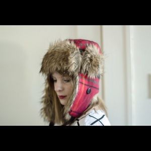Cejon plaid faux fur trapper hat.