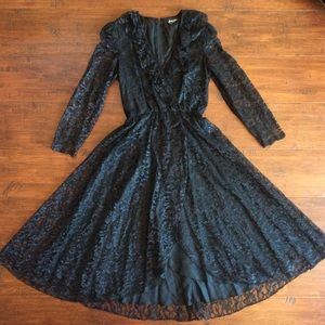 Vintage Black Lace Wrap-Front Midi Dress