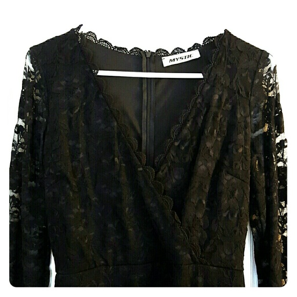 Black lace faux wrap dress - long sleeved