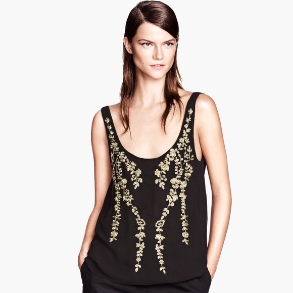 MANGO •Black & gold embroidered flowers