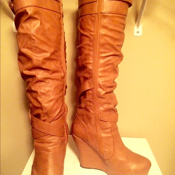 Cognac knee high wedge boots