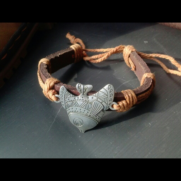 Bracelet Leather Wrap Silver Fish Charm