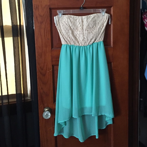 Mint and nude strapless hi/low dress