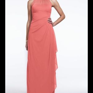 Coral Sleeveless Long Mesh Dress Illusion Neckline