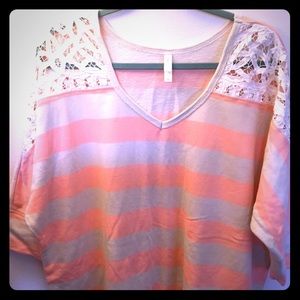 NWOT neon pink stripe top with lace!