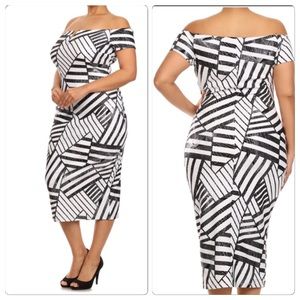 Geometric print, off shoulder body-con, midi dress