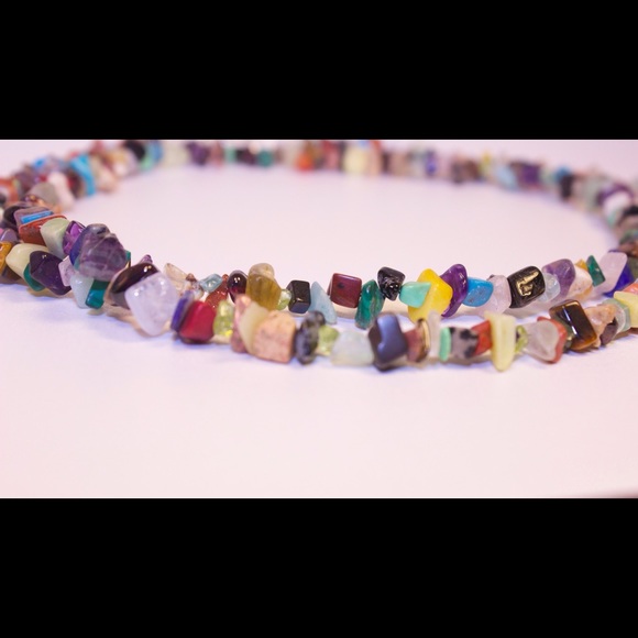 Long boho mixed gemstone necklace.