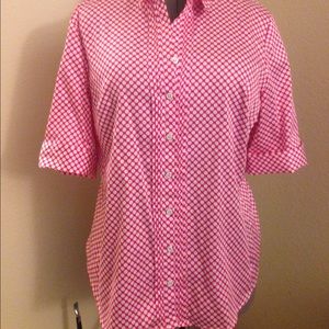 Pink polka dot button down top
