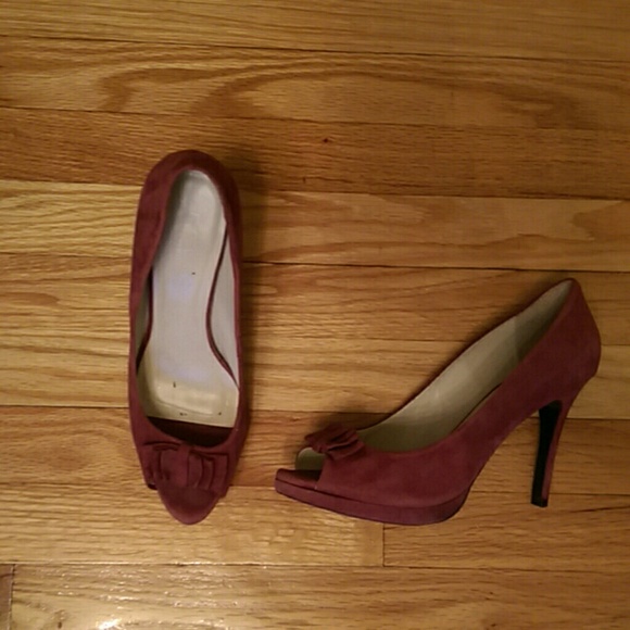 Aubergine peeptoe suede pumps, size 9