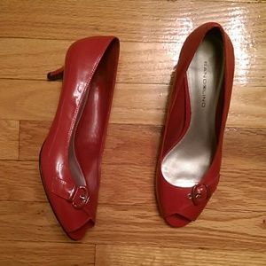 Bandolino red 1" leather peeptoe heels, 8 1/2M