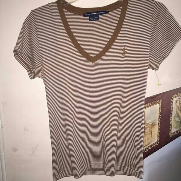 Ralph Lauren v neck brown & white striped. Size M