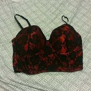 Red and black floral lace bra 38D