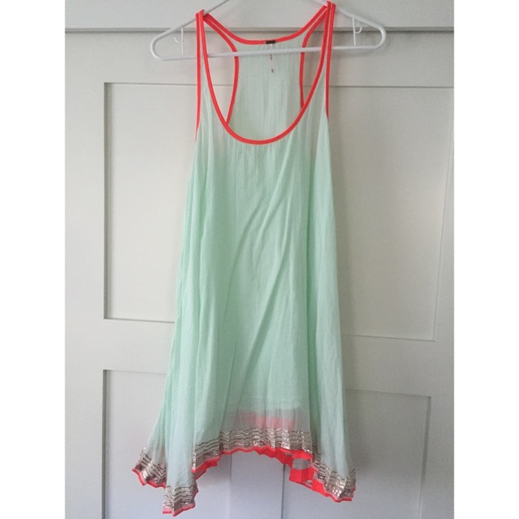 FREE PEOPLE FLOWY MINI DRESS IN MINT NEON AND GOLD