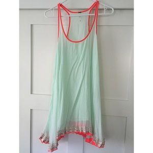 FREE PEOPLE FLOWY MINI DRESS IN MINT NEON AND GOLD