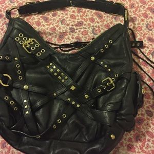 Black leather and silver metal shoulder bag