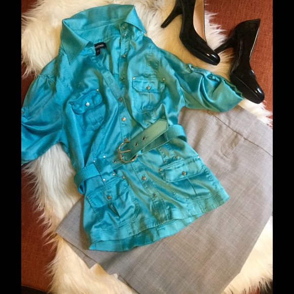 bebe aqua blue silk blouse w/ belt silver hardware