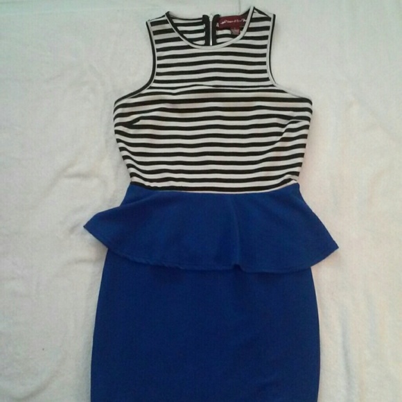 Black and White Striped Peplum Dress With Blue