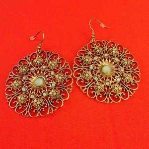 Gold Mandala Earrings w/ Light Blue/Green Stones