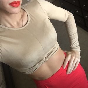 Faux suede knotted long sleeve crop top