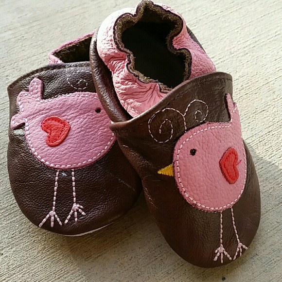 Pink and Brown leather soft soled baby shoes 6-12