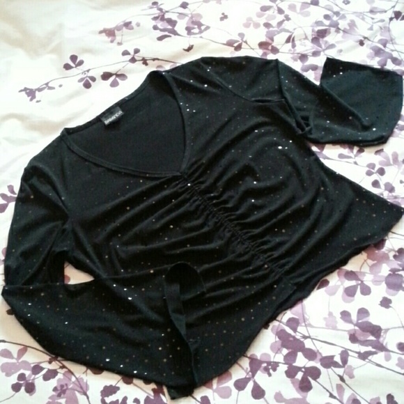 Baranda Tops - Black Bell Sleeve Rouched Top W/Sequin Baranda Tops - Black Bell Sleeve Rouched Top W/Sequin