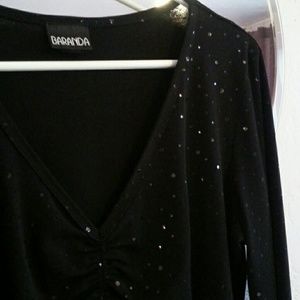 Baranda Tops - Black Bell Sleeve Rouched Top W/Sequin Baranda Tops - Black Bell Sleeve Rouched Top W/Sequin