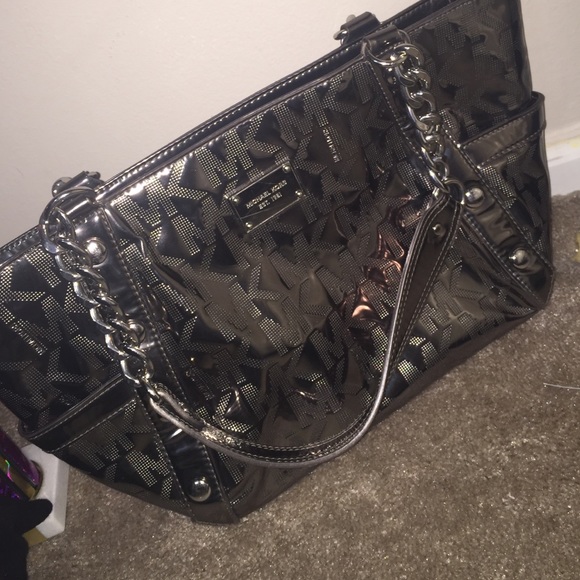 Silver Michael Kors metallic Delancy tote bag