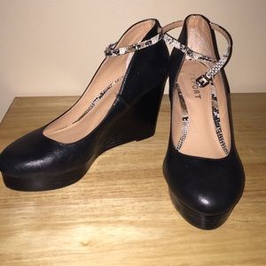 Black wedges with snake skin ankle strap