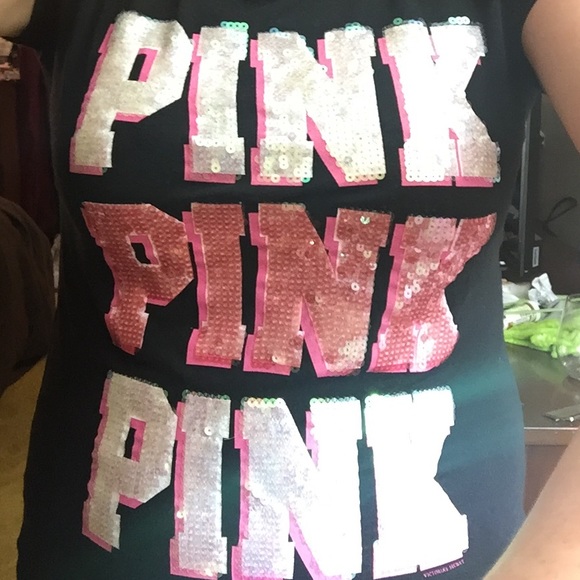 VS PINK Black Tee with Pink & White Sequins