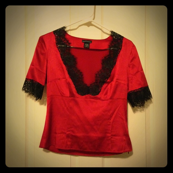 Red satin plunging V top with lace detail