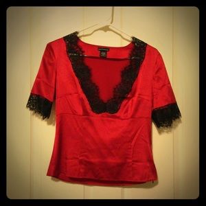 Red satin plunging V top with lace detail
