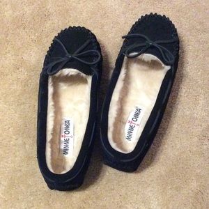 Black Suede/Leather Fur-Lined Moccasins - NEW