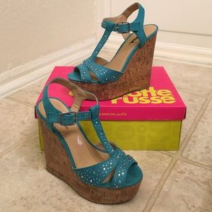 Teal Soda Rhinestone Espadrille Cork Wedges