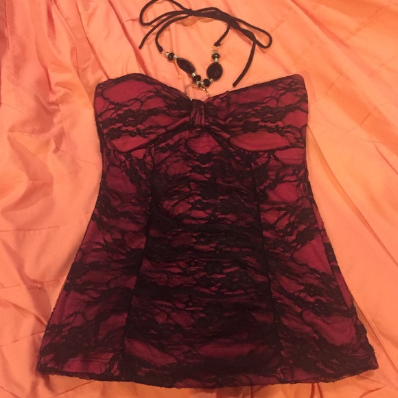 Pink and black lace halter