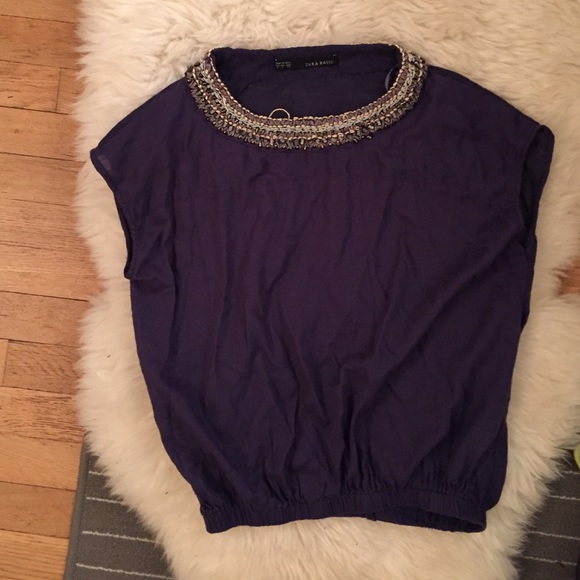ZARA navy embellished top embroidery & sequins